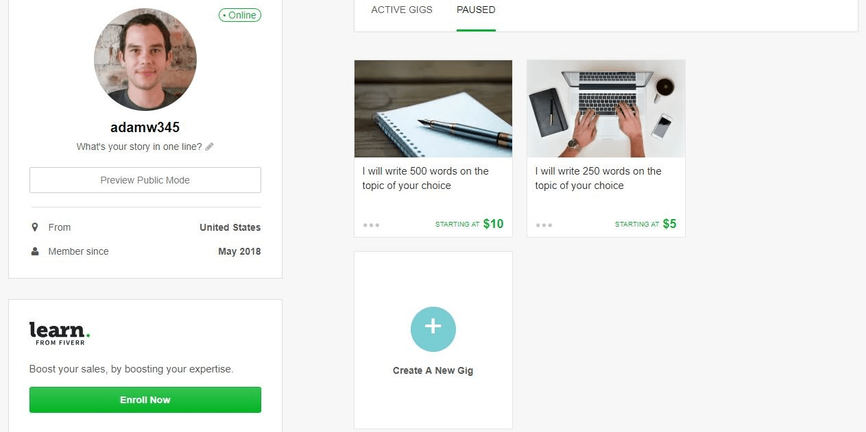 Fiverr - Configurarea profilului