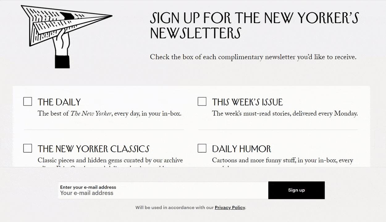 New Yorker landing page with opt-in options for different types of emails