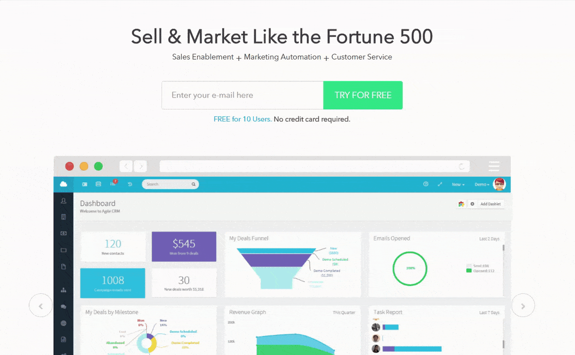 Agile CRM landing page features incentives, testimonials, and social proof