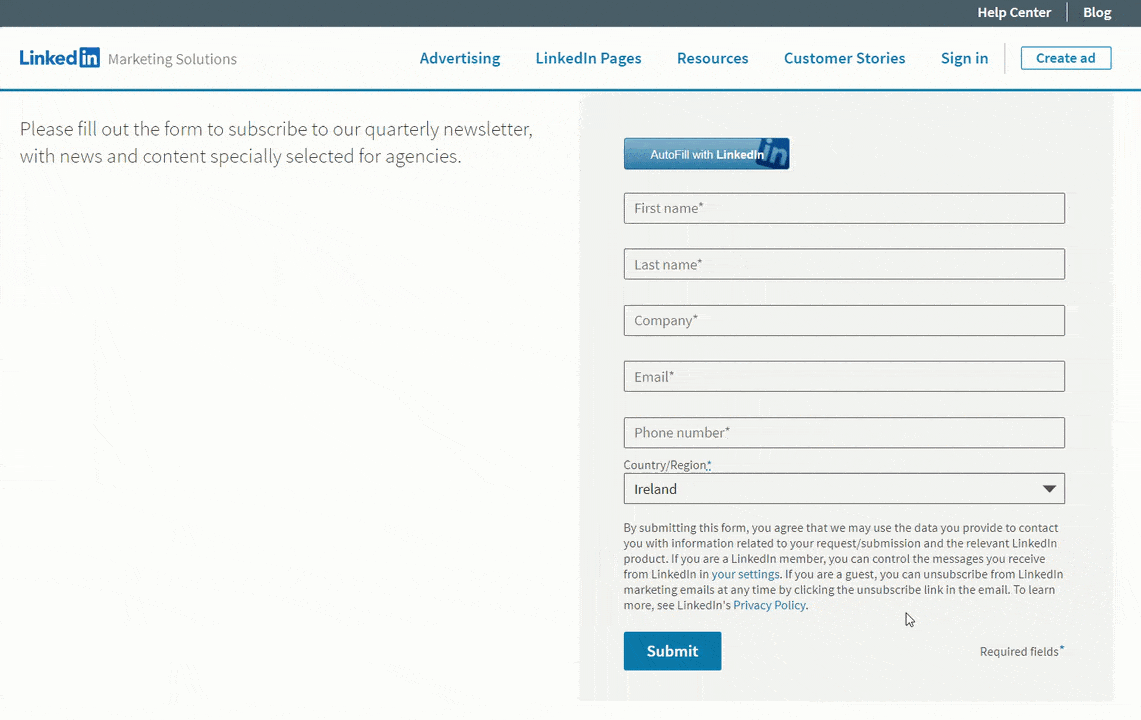 LinkedIn's landing page features autofill option