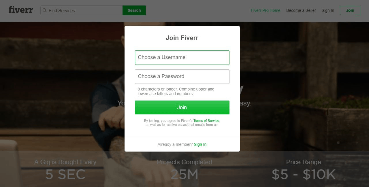 Fiverr - Δημιουργήστε έναν Λογαριασμό