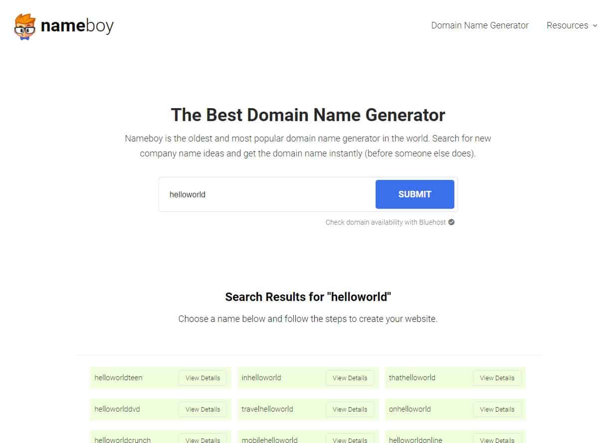 Nameboy Domain Name Generator Screenshot