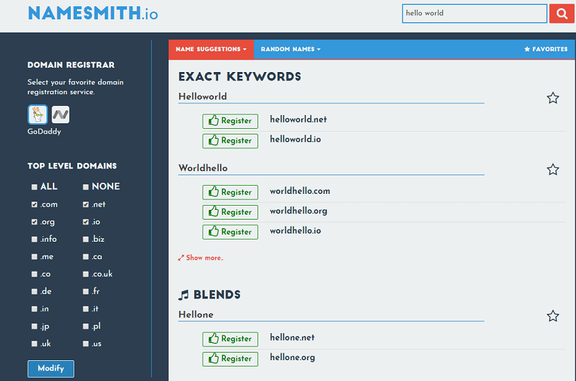 Namesmith.io Domain Name Generator