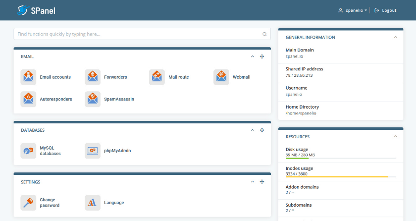 Scala Hosting review - SPanel screenshot