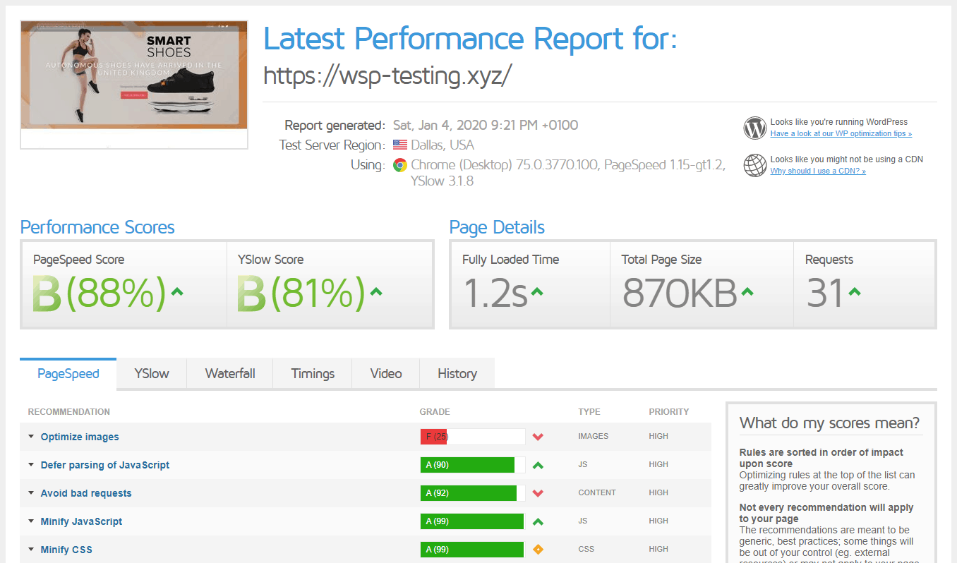 Scala Hosting review - GTMetrix test results