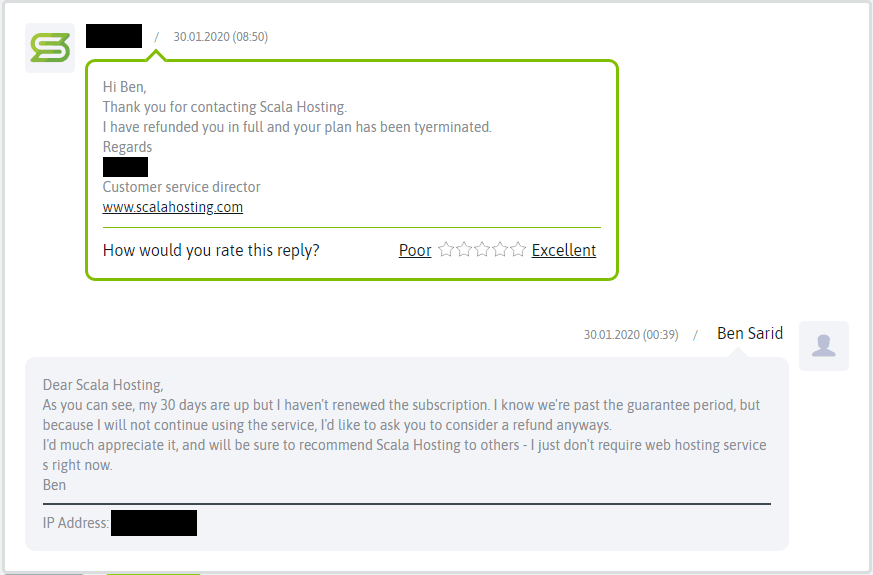 Scala Hosting review - account cancellation and refund
