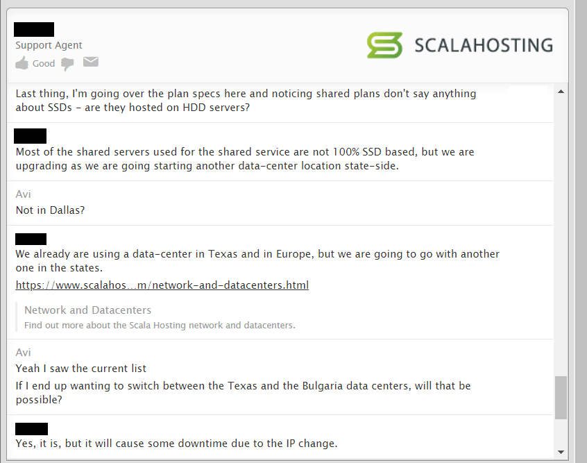 Scala Hosting review - customer support screenshot