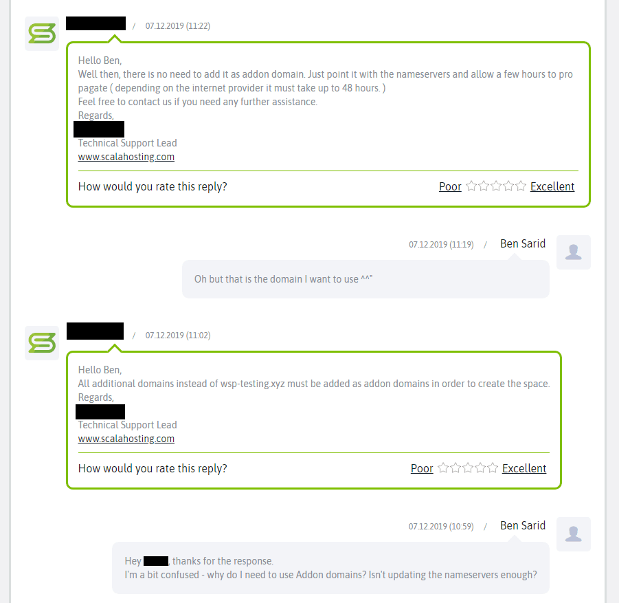 Scala Hosting review - support ticket screenshot