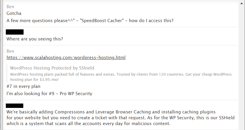 Scala Hosting review - support ticket screenshot