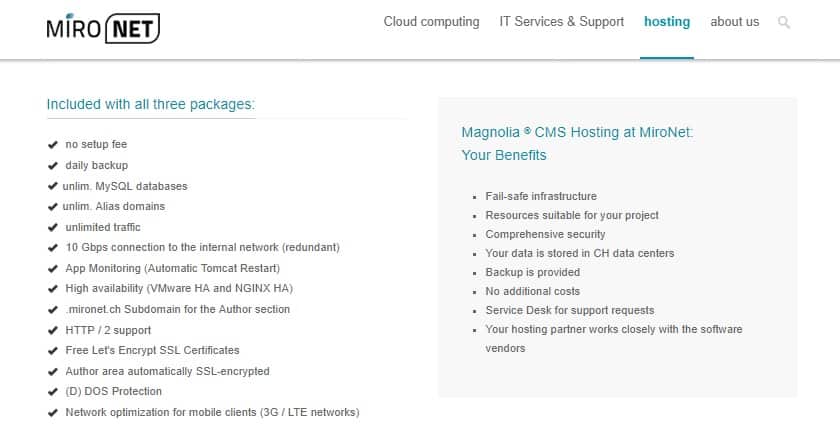 MiroNet hosting features