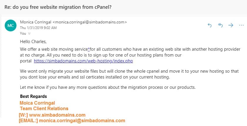 Simba Domains email support
