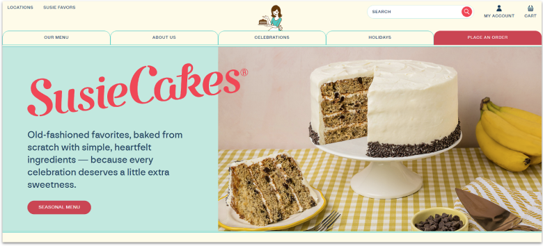 SusieCakes bakery website homepage.