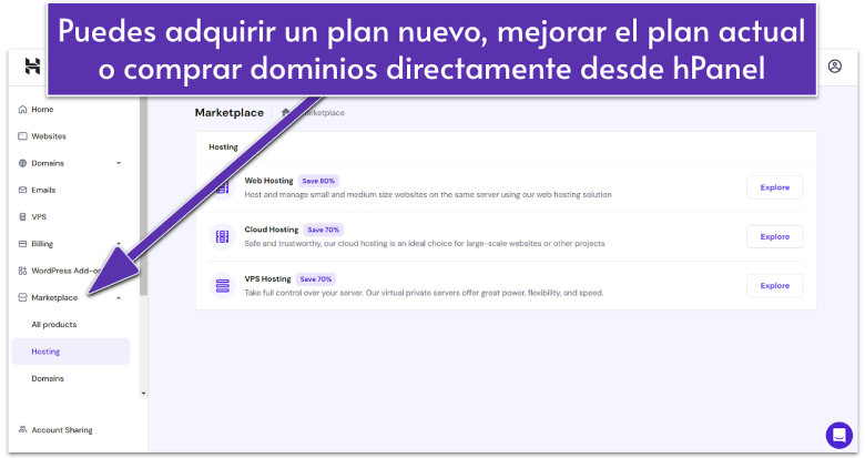 Hostinger hPanel Marketplace section