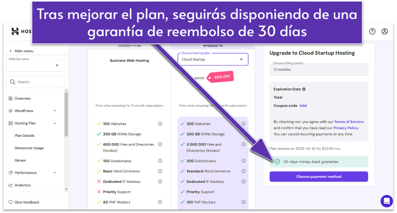 Hostinger hPanel plan upgrade screen