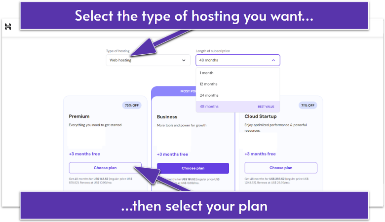 Hostinger web hosting plans available for purchase.