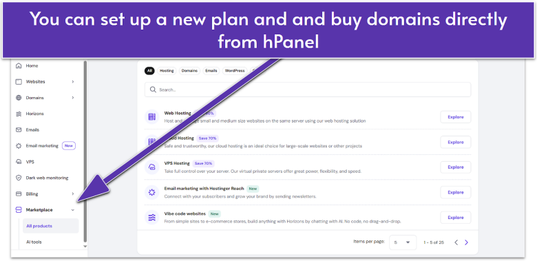 Hostinger hpanel marketplace options for new or upgraded plans.
