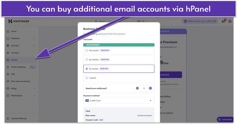Hostinger hPanel Emails section with option to purchase more email plans.