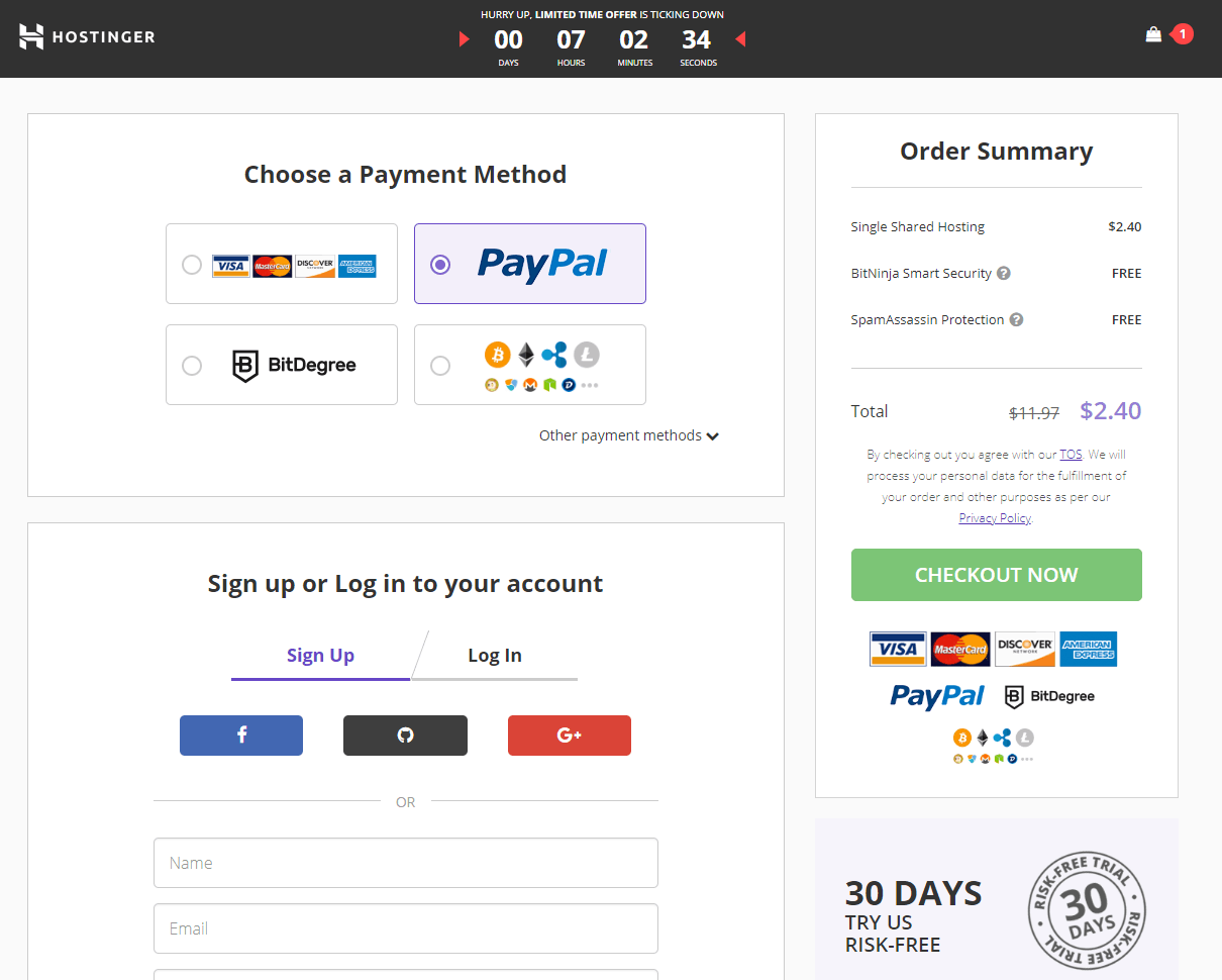 Hostinger payment checkout with Black Friday Deals