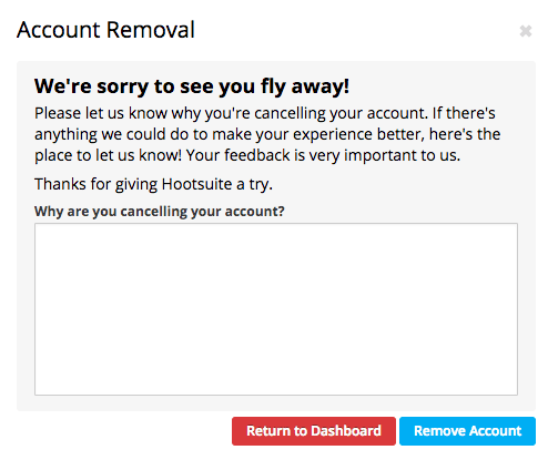 Hootsuite account removal screen