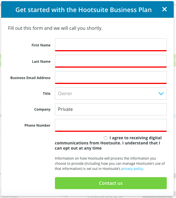 Hootsuite Business Plan sign-up form