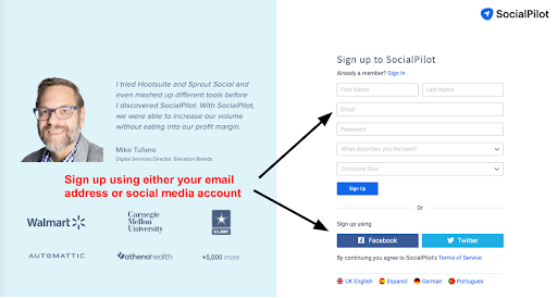 Screenshot of SocialPilot sign up page
