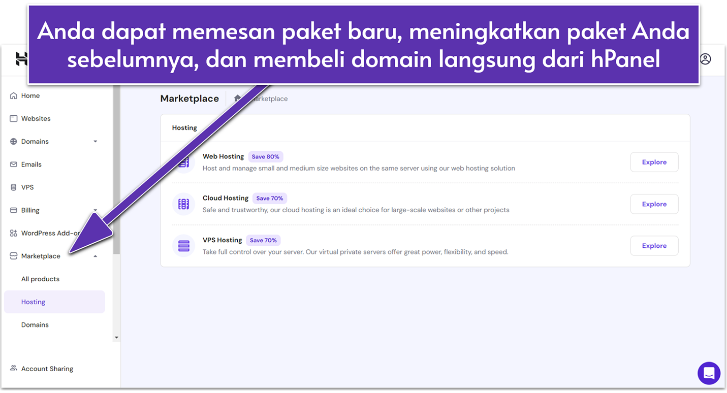 Hostinger hPanel Marketplace section