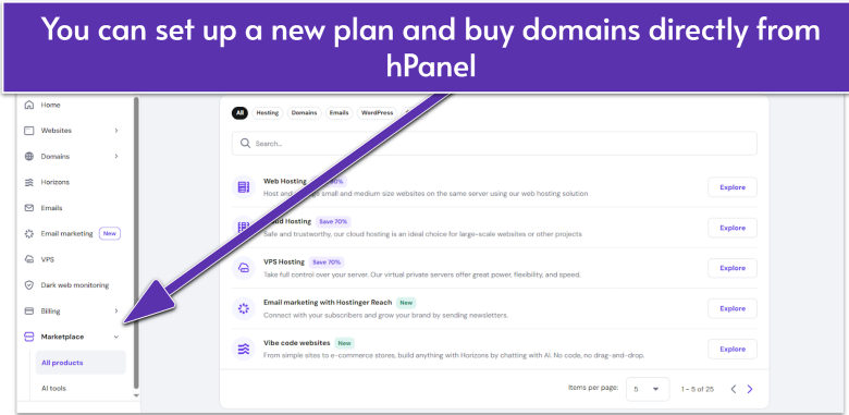 Hostinger hpanel marketplace options for new or upgraded plans.