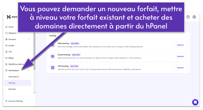 Hostinger hPanel Marketplace section
