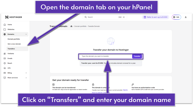 Hostinger Transfer Domains Panel.