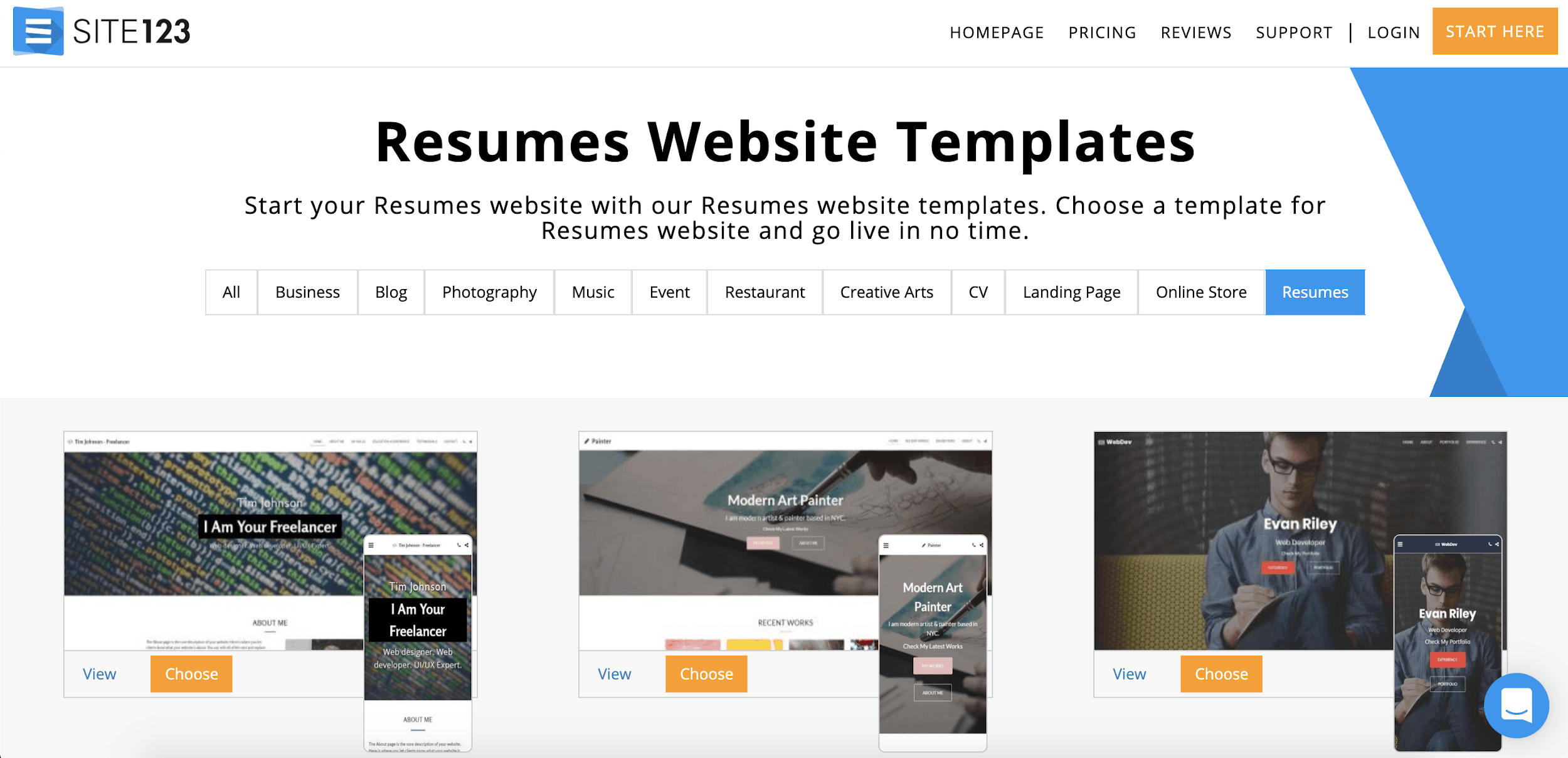 Site123 resume templates