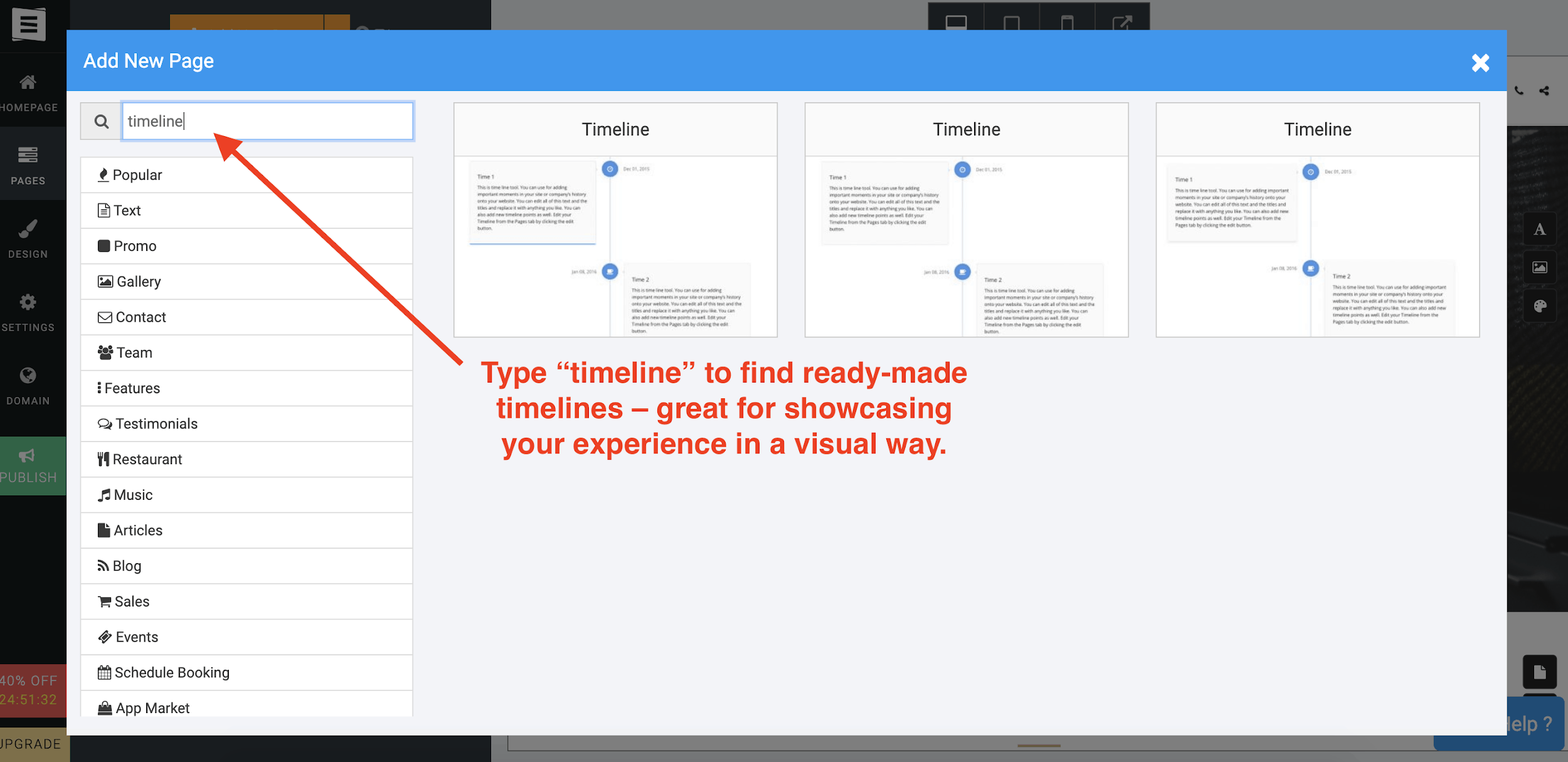 Site123 timeline feature for resume websites