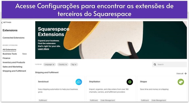 Acesse Configurações para encontrar as extensões de terceiros do Squarespace