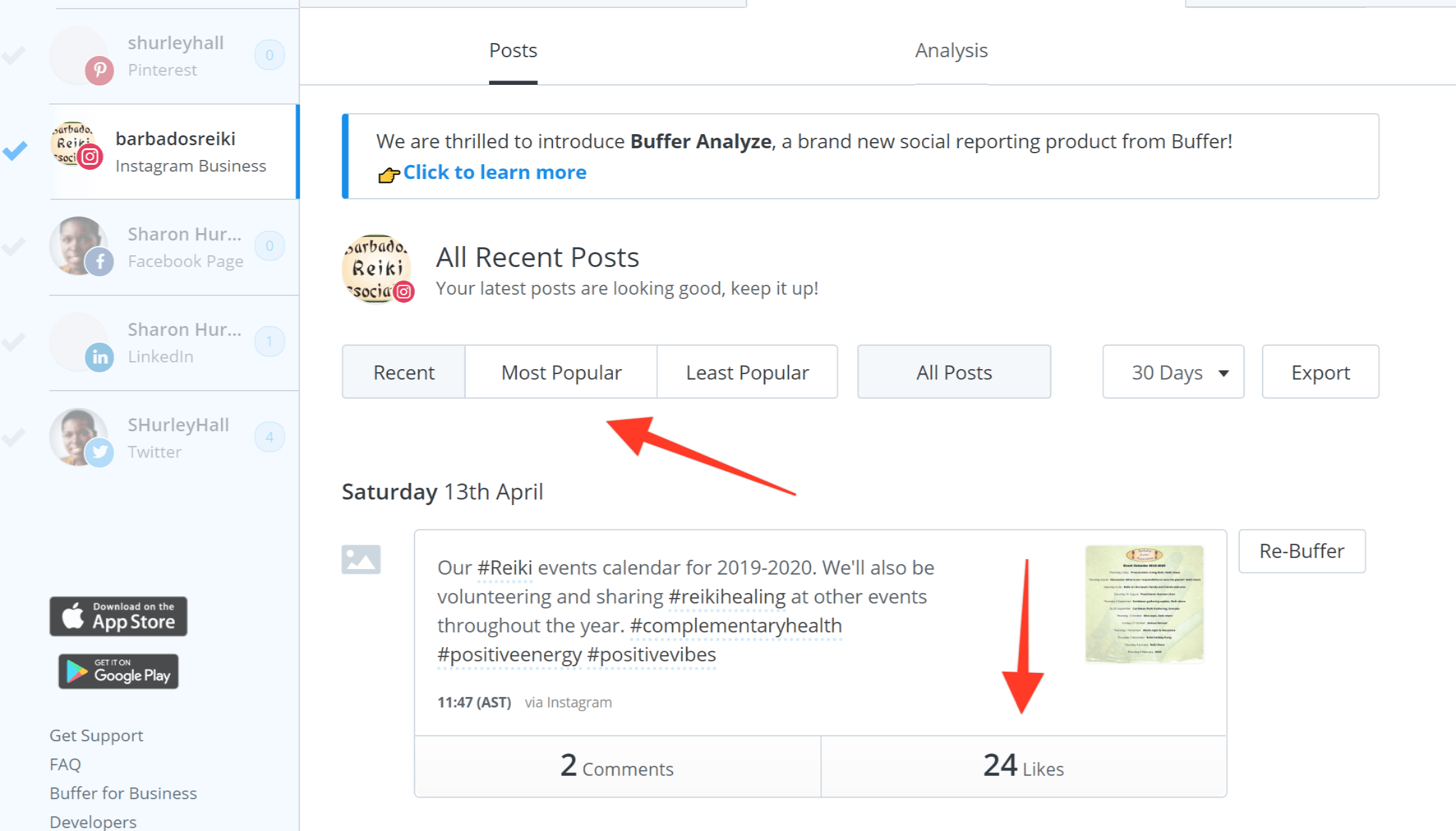 Hootsuite vs. Buffer - analytická karta služby Buffer