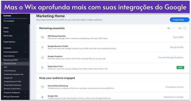 Mas o Wix aprofunda mais com suas integrações do Google