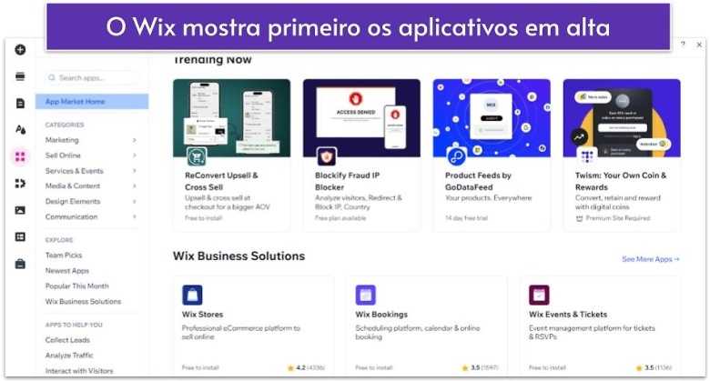 O Wix mostra primeiro os aplicativos em alta
