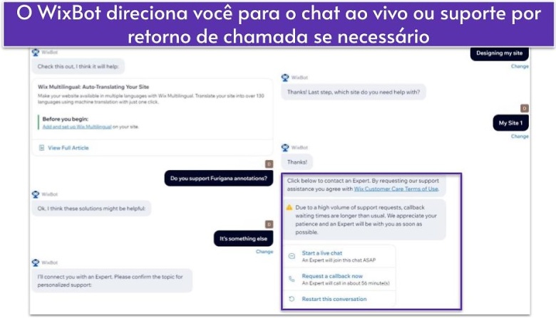 O WixBot direciona você para o chat ao vivo ou suporte por retorno de chamada se necessário