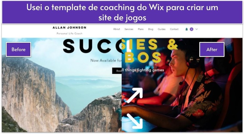 Usei o template de coaching do Wix para criar um site de jogos