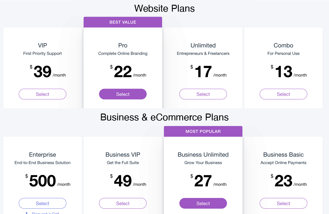 wix pricing comparison