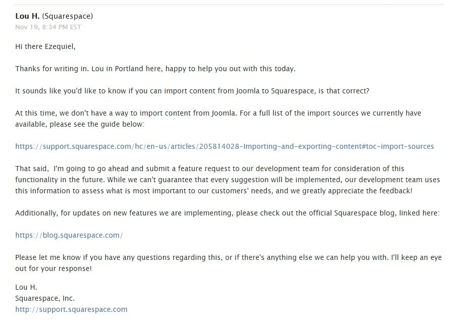 Email from Squarespace support team representative