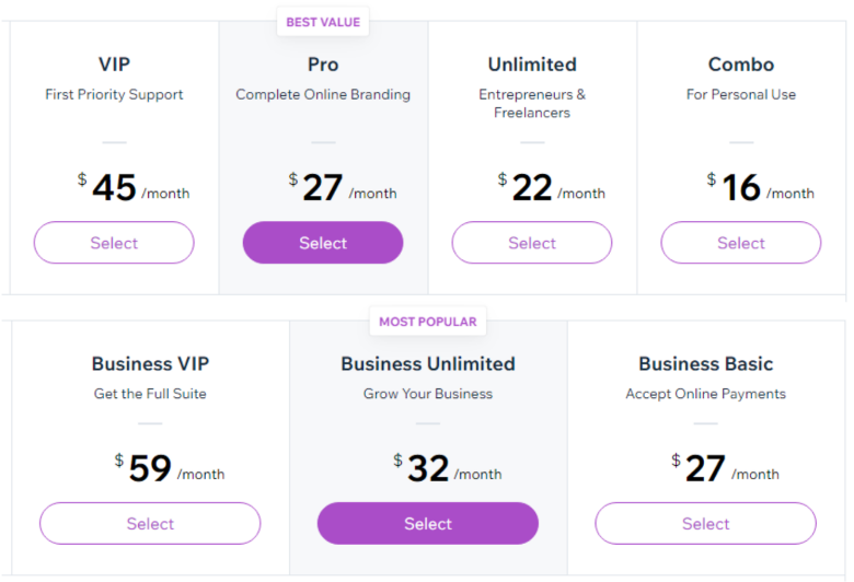 Wix pricing plans