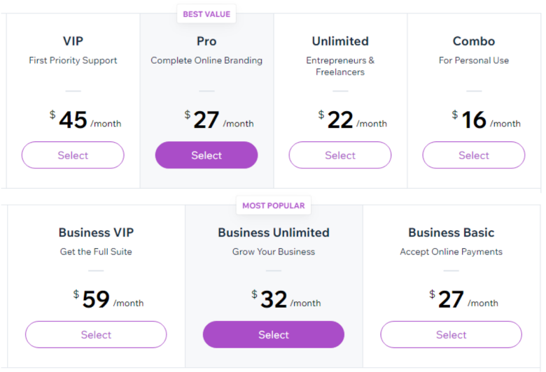 wix business plan pricing