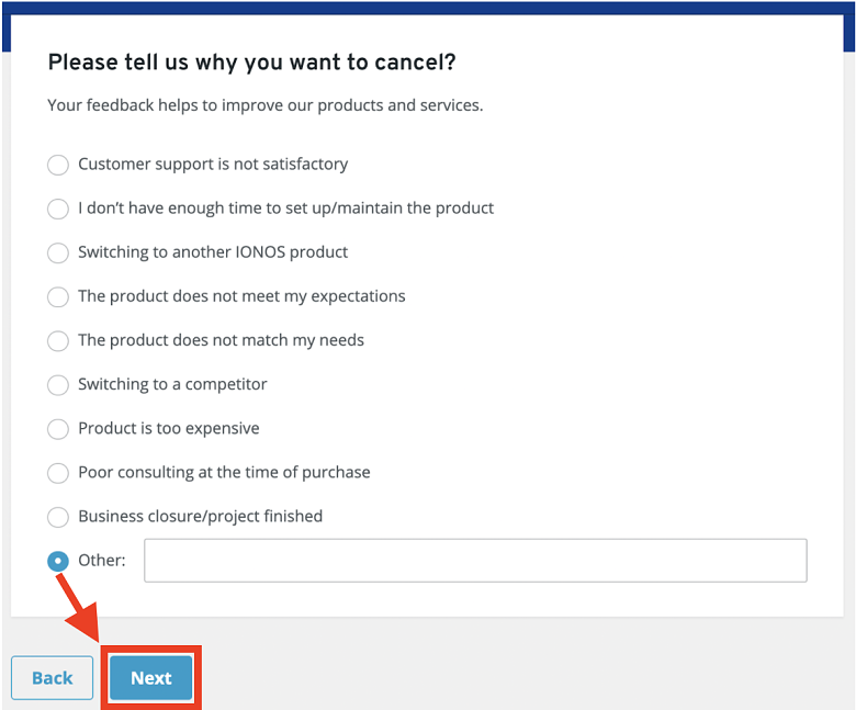 1&1 IONOS, provide cancellation reason