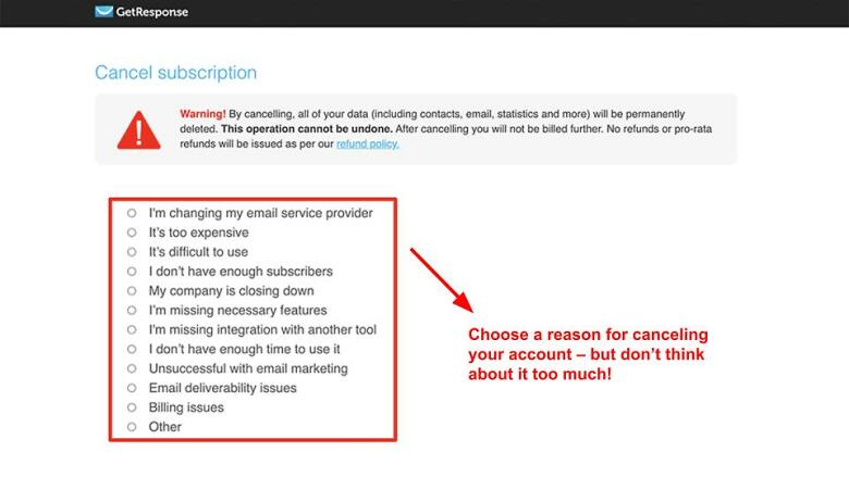 How to Cancel Your GetResponse Account - State your reason
