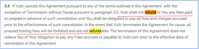 Cancellation of Vultr Account No Refunds Terms and Conditions