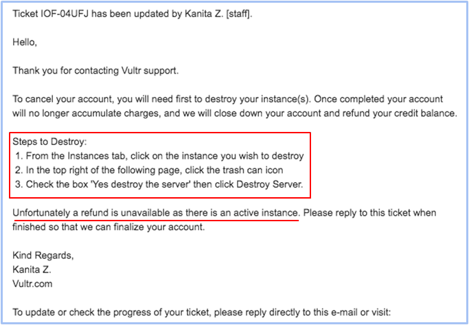 Cancellation of Vultr Account Customer Support Response