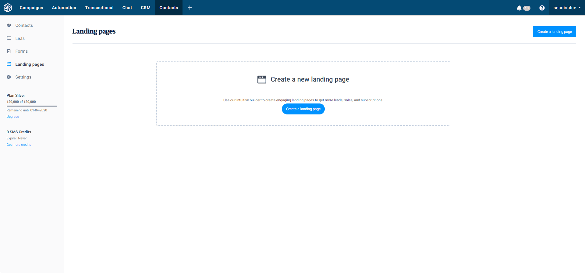 sendinblue create landing page