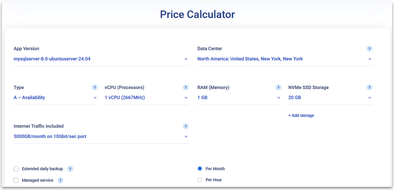 Kamatera's MySQL server price calculator.