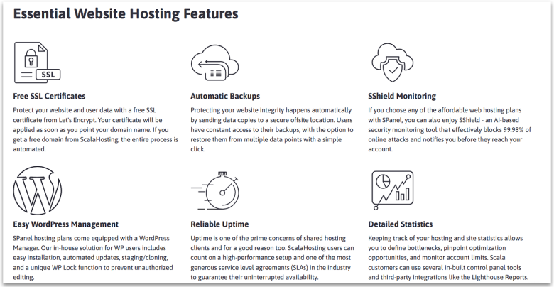 ScalaHosting's web hosting features.