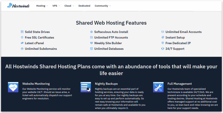 Hostwinds shared web hosting features.