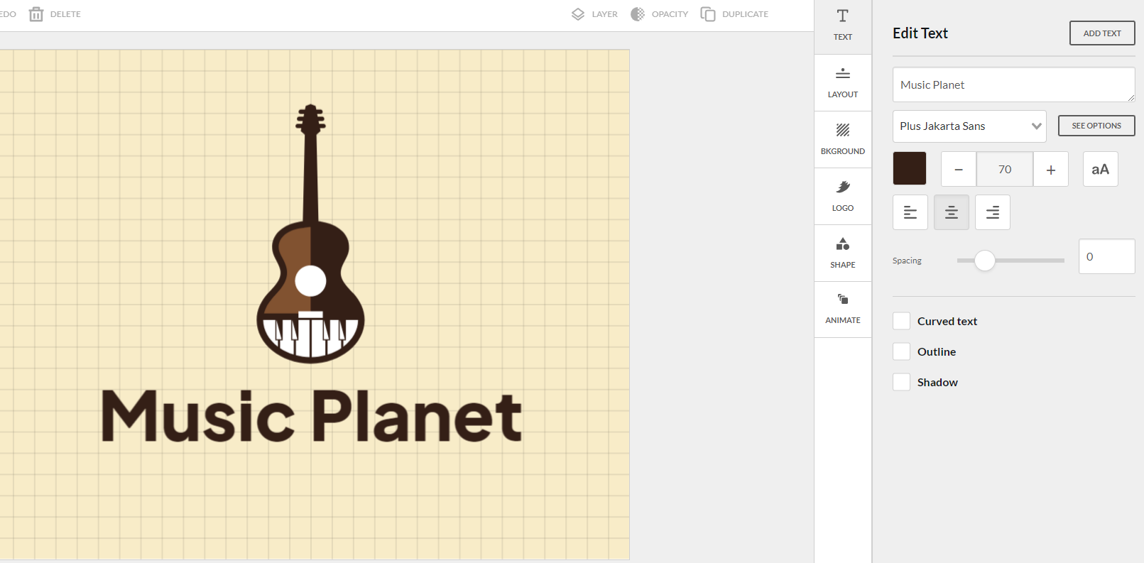 A screenshot of the Brandcrowd logo maker, with an example logo for the brand 'Music Planet'